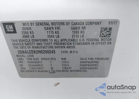 2017 Chevrolet Equinox Lt z USA, uszkodzony, nr VIN 2GNALCEK2H6290243